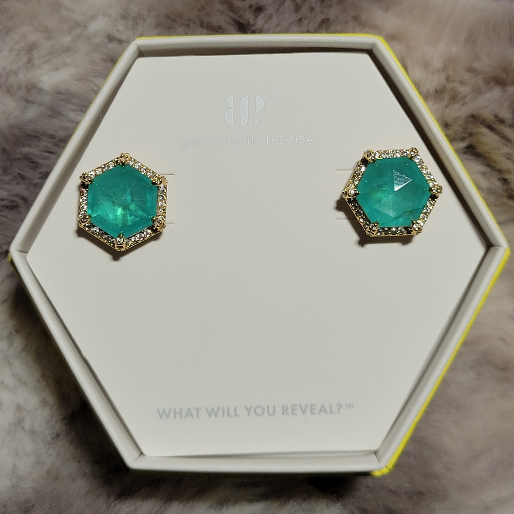 Elegant Gold and Blue Aragonite Hexagon Earrings